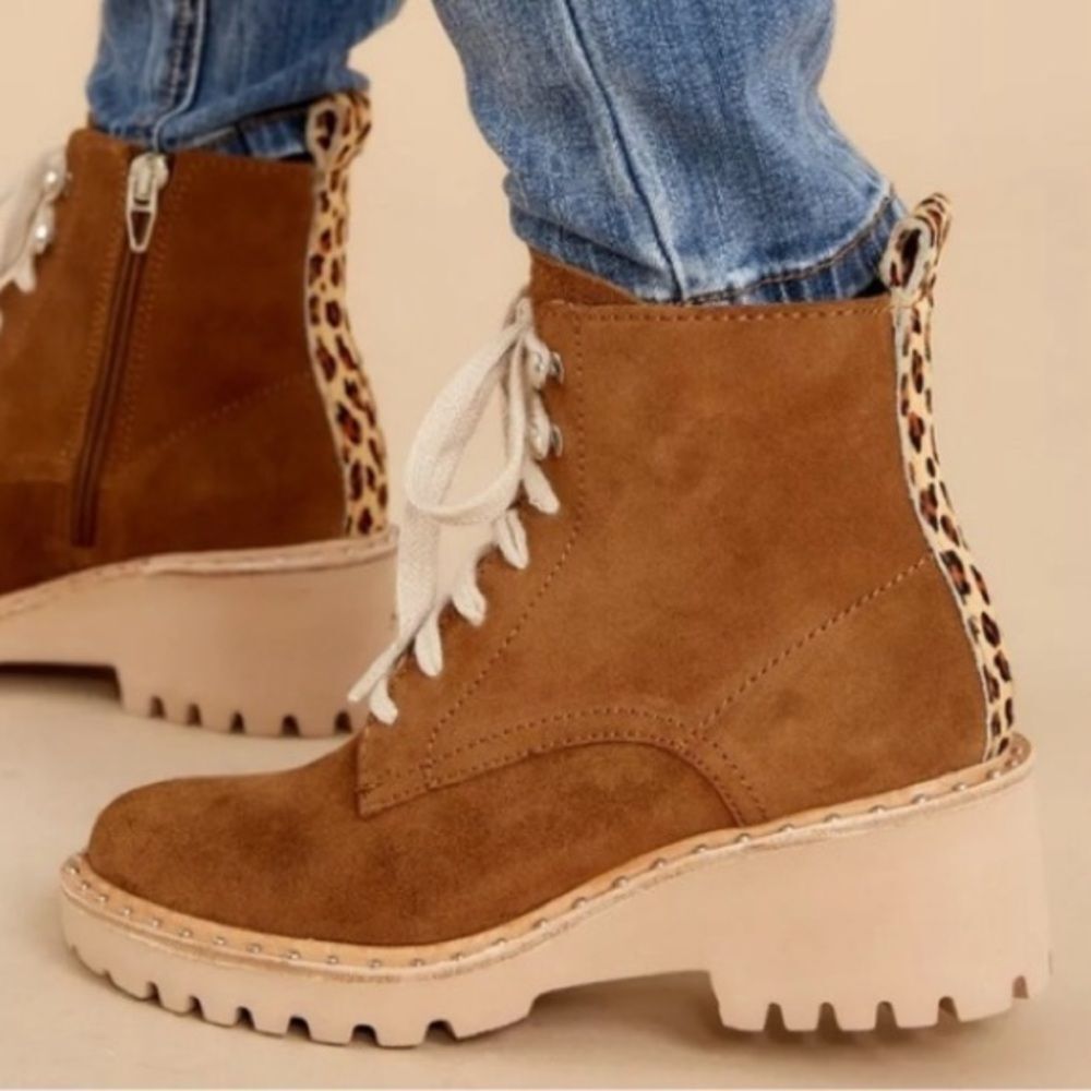 Dolce Vita Hinto Carmel Suede Leather Ankle Boots Animal Print Calf Hair 7 Shoes